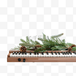 旧木板上有冷杉树枝键盘玩具的圣