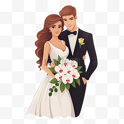 可爱卡通年轻新婚夫妇蝴蝶兰花束