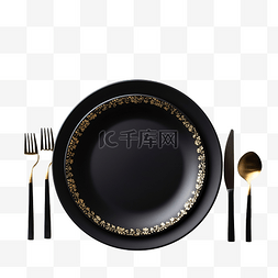 餐具刀和叉图片_黑色盘子和带有圣诞装饰的老式餐