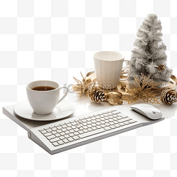 圣诞图片_带电脑键盘的圣诞家庭办公桌