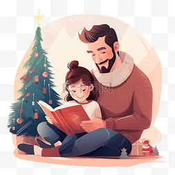 爸爸坐在圣诞树旁给女儿读童话故