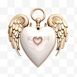 3d 渲染心形锁和带天使翅膀的钥匙