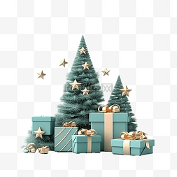 剪纸礼物盒图片_圣诞节主题 3D 插图与圣诞树和礼