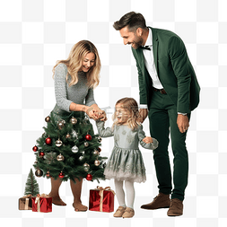 玩游戏图片_慈爱的父母和站在圣诞树前的孩子