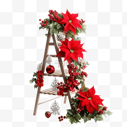 圣诞花一品红和装饰梯上的装饰品