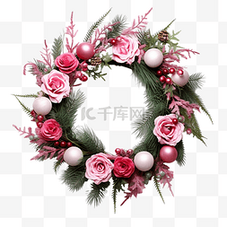 礼品装饰带图片_带松枝和粉红色装饰的圣诞花环