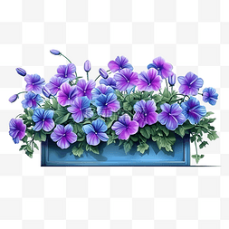 长长的紫色盆蓝色花朵在现实风格
