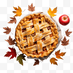 季节美食图片_感恩节苹果派的顶视图，秋叶