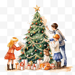 妈妈送我上学图片_快乐的孩子和父母装饰圣诞树