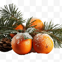 木桌上的橘子，上面有圣诞树的树
