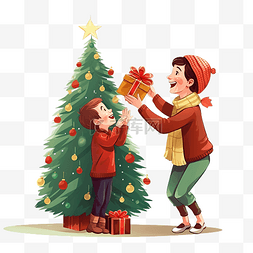 妈妈图片_妈妈在圣诞树附近给儿子一份圣诞