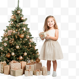 娃娃小女孩图片_美丽的马尾辫小女孩站在圣诞树旁