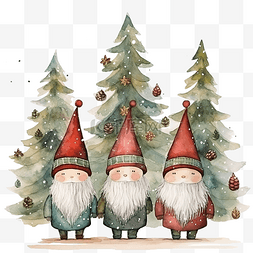 手绘素描圣诞帽图片_带有可爱手绘侏儒和圣诞树的贺卡