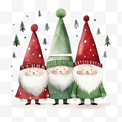 手绘素描圣诞帽图片_带有可爱手绘侏儒和圣诞树的贺卡