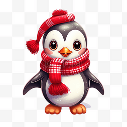 可爱的卡通圣诞企鹅戴着红围巾穿