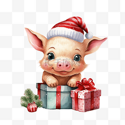 圣诞节的可爱猪，带有水彩插图