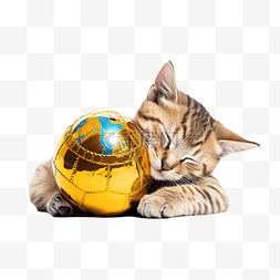 足球图片_可爱的猫睡在世界杯奖杯上png