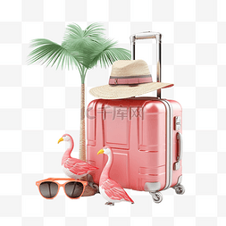 夏季旅行，带粉色手提箱太阳镜冲