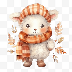 可爱的圣诞水彩羊秋季或秋季动物