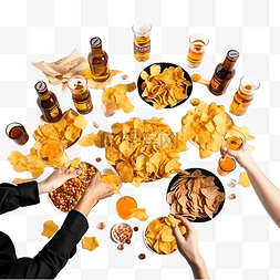 桌子上放着薯条和啤酒，供一群人