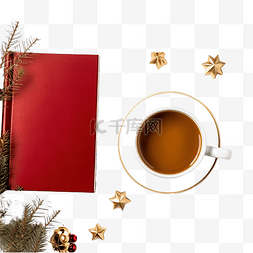 喝饮料的女孩图片_带笔记本和茶杯的红色和金色圣诞