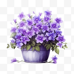 长长的紫色盆蓝色花朵在现实风格