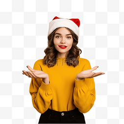 黄墙图片_戴着圣诞帽的女孩在孤立的黄墙上