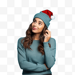猜测图片_戴着圣诞帽戴着孤立的蓝色思考一