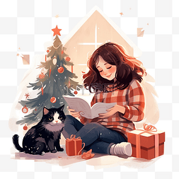 圣诞快乐场景图片_女孩坐着抱着一只猫，部分装饰的