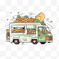 街道小吃图片_最小风格的食品卡车和面条插图
