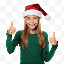 向上大拇指图片_庆祝圣诞假期的女孩在家里竖起大