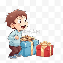 卡通男孩抱着礼物图片_一个男孩拿着一份圣诞礼物，旁边