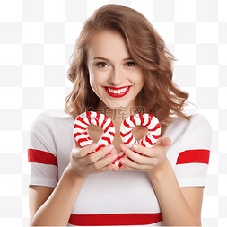 美丽的女孩用红色和白色的圣诞糖