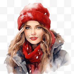 红色冬季围巾水彩画