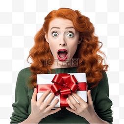 抱着礼盒的女人图片_戴着圣诞帽带礼盒的红发女孩感到