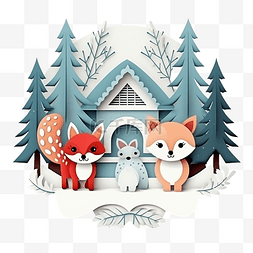 剪纸动物猴图片_圣诞节与可爱的动物在雪村剪纸和