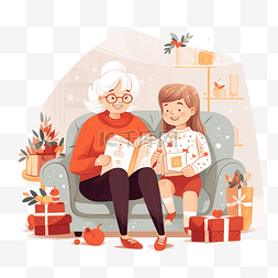 可爱的女孩和祖母在家里的沙发上