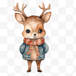可爱的水彩圣诞鹿穿着冬季服装，