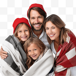 妈妈和孩子和狗狗图片_幸福的四口之家戴着圣诞帽享受圣
