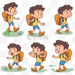 不同表情的儿童行走和使用背包的