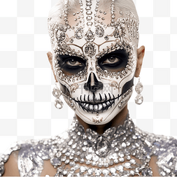 骷髅恶魔恐怖图片_一个打扮成骷髅戴着水钻面具的女