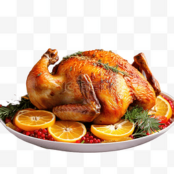 圣诞烤鸡图片_圣诞餐桌上摆着精致的烤鸡，外皮