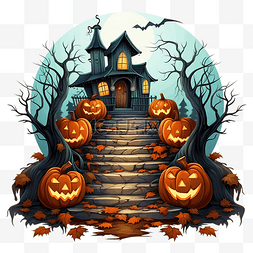 女巫卡通矢量图片_可怕的房子与楼梯鬼门南瓜万圣节