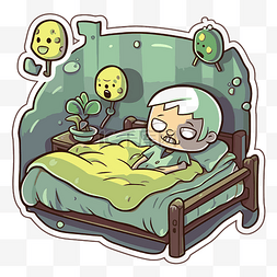 一位老人躺在床上，长着绿色植物