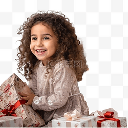 打开圣诞礼物时兴奋的小女孩微笑