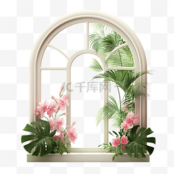 绿色植物装饰背景图片_绿色植物和粉色窗框