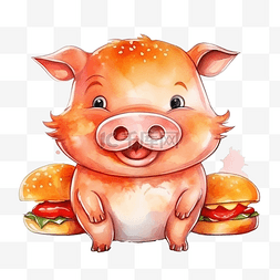 卡通饭包图片_猪肉汉堡是一个水彩卡通人物