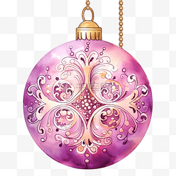 紫色圣诞球图片_圣诞球与曼陀罗饰品水彩插图粉红