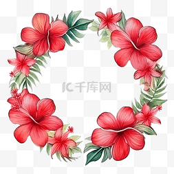 热带花环图片_水彩红色夏季热带花卉木槿和鸡蛋
