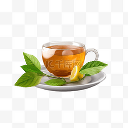 一杯茶，茶碟上有新鲜茶叶，透明